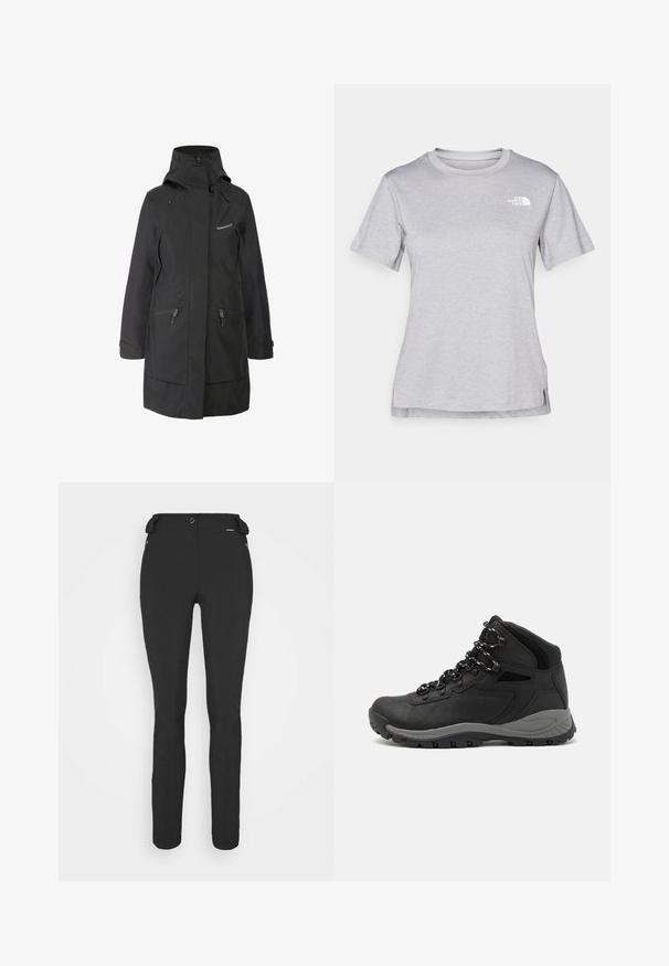 Svart vanntett jakke med høy krage, justerbar hette, to sidelommer med glidelås og en logo på brystet. Glatt tekstur, skreddersydd passform.; Grå kortermet t-skjorte laget av myk, fukttransporterende stoff. Har en rund hals og en liten hvit logo på øvre venstre side.; Svart, tettsittende bukser laget av et fleksibelt materiale. Funksjoner inkluderer en glidelåslukket sidelomme, artikulerte knær og en glatt tekstur.; Sorte turstøvler med mid-topp design, som har en teksturert overdel, grå detaljer og slitesterk gummisåle med godt grep.