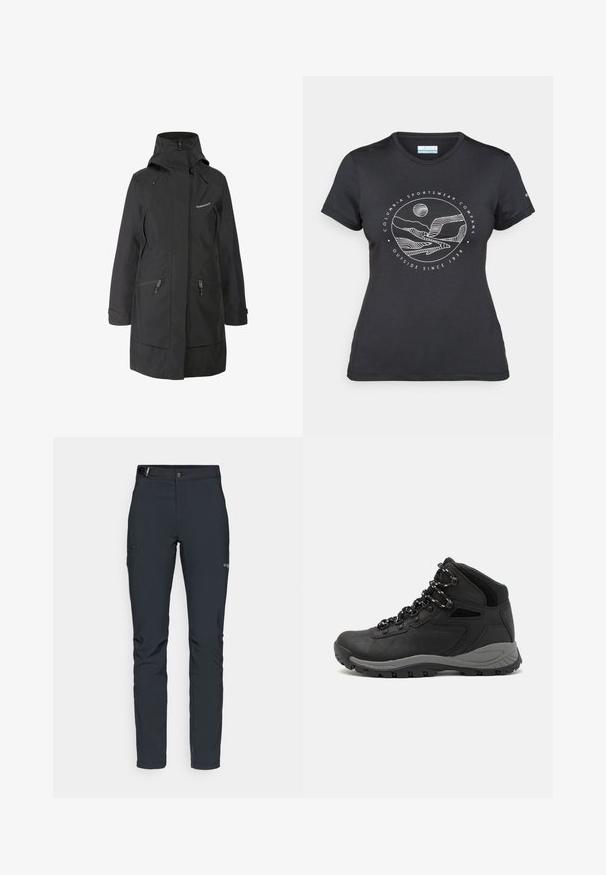 Geacă impermeabilă neagră cu guler înalt, glugă ajustabilă, două buzunare laterale cu fermoar și un logo pe piept. Textură netedă, croială ajustată.; Tricou negru Columbia cu artă liniară albă circulară reprezentând munți și un râu, împreună cu textul "Columbia Sportswear Company Afară din 1938."; Pantaloni de exterior pentru bărbați, gri închis, fabricați dintr-un material flexibil, cu un brâu, buzunare cu fermoar și cusături consolidate.; Botă de drumeție neagră cu un design mediu, având un material texturat, accente gri și o talpă din cauciuc durabilă cu crampoane pentru aderență.