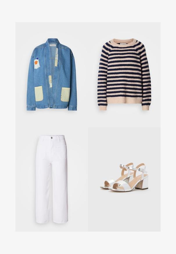 Hele sinine teksajakk, millel on lõtv lõige, kollased taskud, segakanga plaastrid ja nähtavad õmbluse detailid.; Rööbastega pehme kudum, kus vahelduvad tumesinised ja beežid triibud, ribadega kaelus, varrukaotsad ja alumine äär. Klassikaline ümmargune kaelus.; Valged denimid laiad püksid nööbiga kinnitusega, vöökohaga, kahe esi-taskuga ja ühe taga-taskuga. Vastupidav ja tekstuuriline kangas.; Hõbedased kõrged kontsad avatud varvastega, millel on kaks laia rihma ja ümar plokknina. Sile tekstuur metallikviimistlusega.