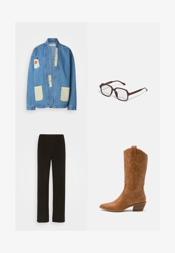 Denimová bunda v světle modré barvě s volným střihem, která má žluté kapsy, smíšené textilní nášivky a viditelné švy.; Černá bezrukávová roláková halenka vyrobená z hladkého materiálu. Střih na tělo s vysokým límcem a rovnými lemy, minimalistický a jednobarevný.; Černé kalhoty rovného střihu vyrobené z tkané látky, s plochým předním dílem, dvěma bočními kapsami a hladkým povrchem. Žádné viditelné vzory ani akcenty.; Hnědé kožené kovbojské boty s špičatou špičkou, vyšívanými spirálovými vzory na štítech a s blokovým podpatkem. Obsahují poutko pro snadné obouvání.; Hnědé, obdélníkové brýle s průhlednými skly a fialovými odstíny. Hladký plastový rám s rovnými nohami a jemnými akcenty.; Stříbrné kruhové náušnice s hladkým, lesklým povrchem. Kulatý tvar a bezpečné zapínání na klip. Lehký design vhodný pro každodenní nošení.