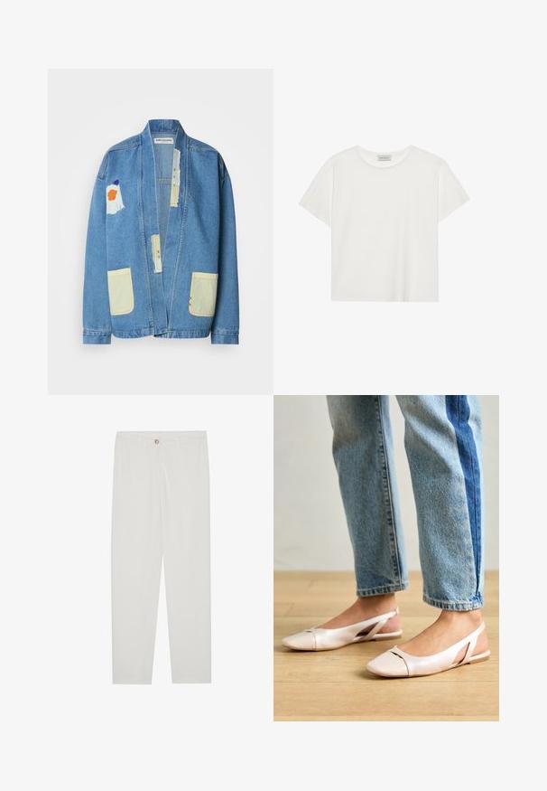Jeansjakke i lyseblå med løs passform, med gule lommer, blandede stofflapper og synlige sømdetaljer.; Hvit T-skjorte med kort erm laget av myk bomull. Har rund hals og avslappet passform. Rent design uten synlige mønstre eller aksenter.; Hvite, skreddersydde bukser med rette ben, med knapplukking, beltehemper og sidelommer; glatt tekstur.; Lys rosa slingback leiligheter med spiss tå, laget av et glatt, læraktig materiale. Har utskjæringer på sidene og lav hæl.