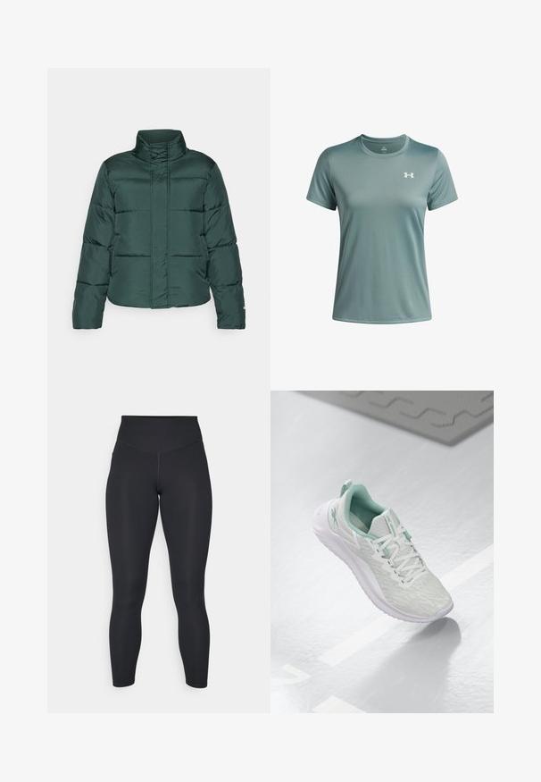 Vihreä puffatakki, jossa on korkea kaulus, edessä vetoketjukiinnitys ja vaakasuuntainen tikkauskuvio. Sujuva tekstuuri, jossa on erottuva matta pinta.; Vaaleanvihreä lyhythihainen t-paita, joka on valmistettu sileästä, hengittävästä kankaasta. Siinä on pyöreä kaula-aukko ja pieni valkoinen logo vasemmassa rinnassa.; Musta legginsit korkealla vyötäröllä, sileä pinta ja tiukka malli. Sisältää litteät saumat ja täyspitkän peiton ilman kuoseja.; Vaaleanharmaa urheilujalkine, jossa on teksturoitu neulepäällinen, mintunvihreät yksityiskohdat, valkoiset nauhat, kumipohja ja vetolenkki kannassa.