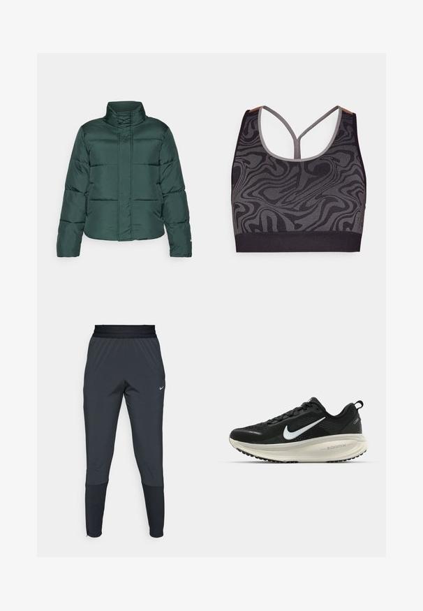 Grønn puffjakke med høy krage, frontzip-lukking og horisontal quilted design. Glatt tekstur med kontrastfylt matt finish.; Svart sportsbh med grå virvlende mønster, med scoop hals og racerback-design. Laget av teksturert strikket stoff.; Nike treningsbukser i mørkegrå, med en tapered ben design, elastisk midjebånd og detaljert dekorasjon nær mansjettene.; Svart Nike løpesko med pustende mesh-overdel, hvit swoosh-logo, teksturert detaljer og en kremfarget ZoomX mellomsåle.