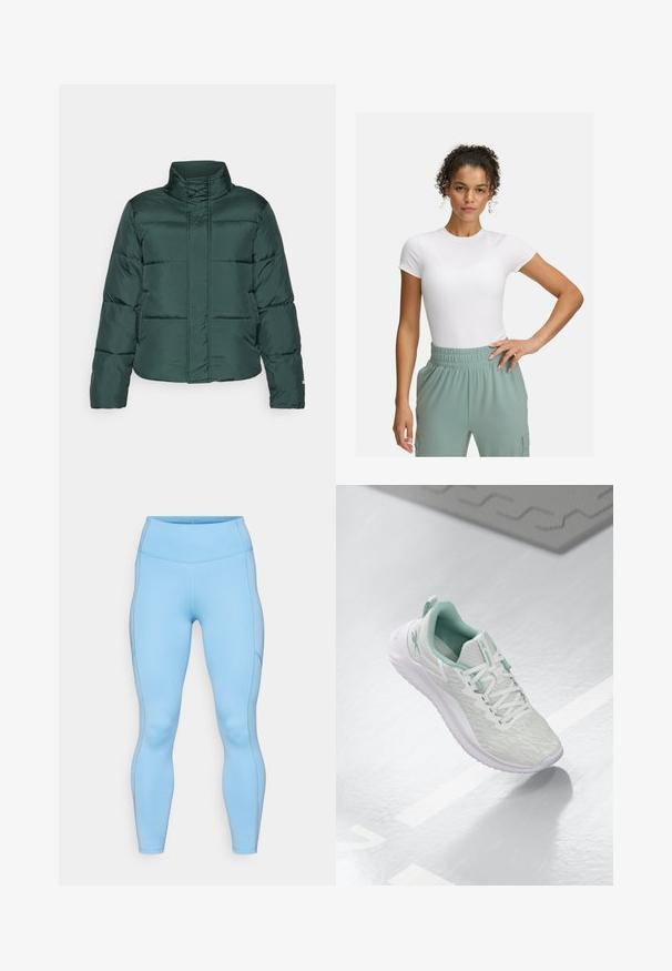 Grüne Pufferjacke mit hohem Kragen, Frontreißverschluss und horizontalem Steppdesign. Glatte Textur mit kontrastierendem matt Finish.; Weißes, körpernahes T-Shirt mit kurzen Ärmeln, kombiniert mit hellgrünen Hosen mit elastischem Bund. Glatte Textur, minimalistisches Design und keine sichtbaren Muster.; Helle blaue Leggings aus dehnbarem Stoff. Mit hohem Bund, glattem Material und geschwungenen Nähten entlang der Beine.; Hellgraue Sportchuhe mit einem strukturierten Strickoberteil, mintgrünen Akzenten, weißen Schnürsenkeln, Gummisohle und einer Schlaufe an der Ferse.