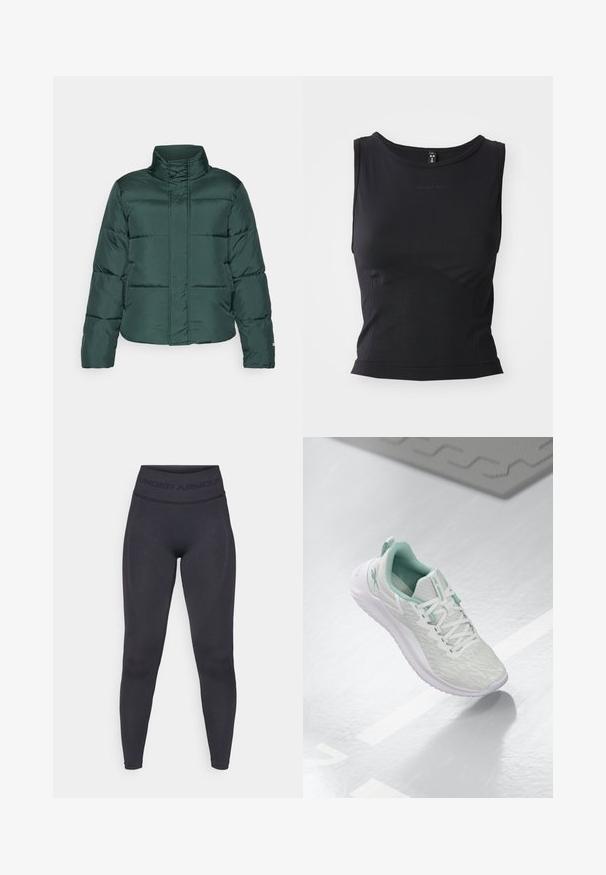 Green puffer jacket with a high collar, front zip closure, and horizontal quilted design. Smooth texture with contrasting matte finish.; Black sleeveless athletic top made from smooth fabric, featuring a rounded neckline and a fitted silhouette with subtle logo detailing.; Black leggings with a high elastic waistband featuring "UNDER ARMOUR" text. Smooth texture with subtle pattern accents along the legs.; Light gray athletic shoe with a textured knit upper, mint green accents, white laces, rubber sole, and pull tab at the heel.