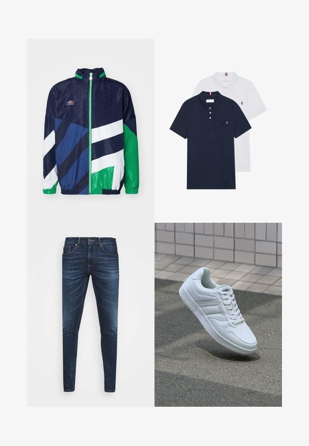 Umbro PANELLED TRACK JACKET - Træningsjakke - dark navy/peppermint; To polo skjorter: en marineblå og en hvid, begge med en lille rød, hvid og blå detalje på brystlommen og kraven.; Mørkeblå denim jeans med slim fit, subtil falming, fem lommer og metalknaplukning. Syede detaljer i kontrastfarve.; Hvide atletiske sneakers med glat læderoverdel, snørelukning foran, perforeret tå og mønstret sål. Minimalistisk design med tre sidelister.