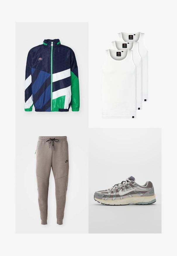 Umbro PANELLED TRACK JACKET - Bluză de trening - dark navy/peppermint; Trei maieuri albe ribbate din bumbac. Au un guler rotund și etichete negre mici lângă tiv. Disponibile în mai multe mărimi.; Pantaloni de trening gri Nike cu un braț de strângere la talie, picioare conice, buzunare laterale și detalii de cusătură distincte. Material moale, texturat.; Pantofii sport gri sunt realizați dintr-un amestec de plasă și piele întoarsă, cu accente albe, o talpă bine îmbrăcată și un design distinctiv cu elemente reflectorizante.