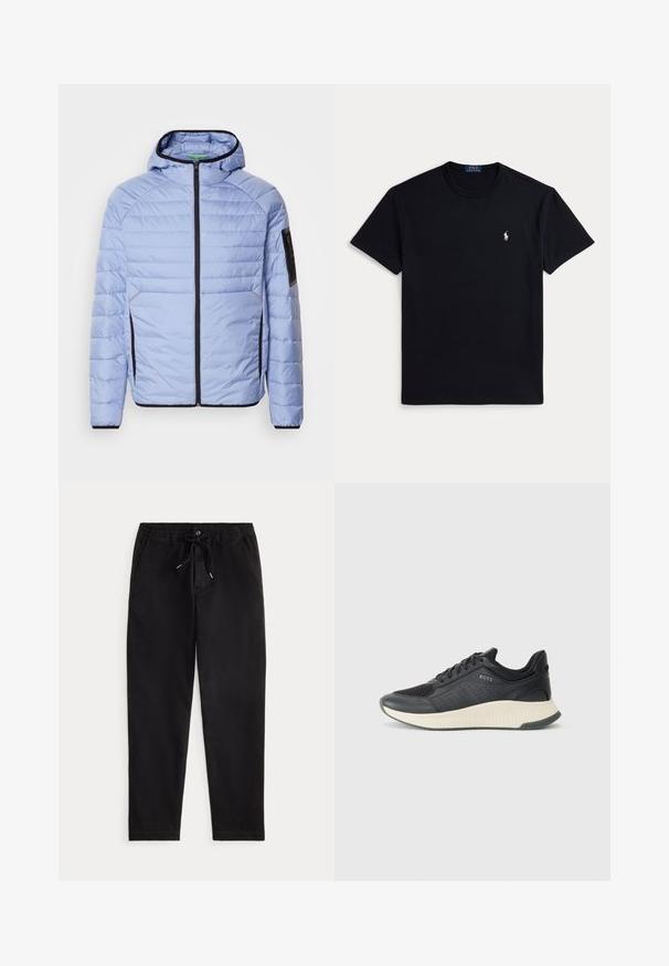Svetlo modra puffer jakna z zadrgo, kapuco, horizontalnim prešitim vzorcem in črnimi detajli na žepih in manšetah.; Črna bombažna majica s krožnim ovratnikom, kratkimi rokavi in majhnim vezenim logotipom na levi strani prsnega koša. Gladek tekstura.; Črne sproščene hlače z elastičnim pasom, vezalko, sprednjim gumbom in stranskimi žepi, prikazane na enostavni podlagi.; Črne športne superge z mrežasto zgornjico z perforacijami, teksturiranim srednjim delom v kremni barvi in gumijastim podplatom za oprijem.