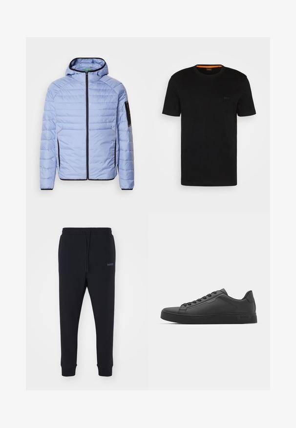 Šviesiai mėlynas pūkinis švarkas su užtrauktuku, gobtuvu, horizontaliai siūtu dizainu ir juodais akcentais kišenėse bei rankogaliuose.; Juodas trumpas rankovėmis marškinėliai, pagaminti iš minkštos medžiagos, su apvalia iškirpte ir subtilia logotipu priekyje. Vidinė apykaklė turi oranžinį akcentą.; Juodos sportinės kelnės, pagamintos iš minkštos medžiagos, su elastinga juosta, raišteliu ir aptemptomis kojomis. Šone yra mažas logotipas.; Juodos sportbačiai su lygiu sintetiniu paviršiumi, apvalia nosimi, plokščiomis raištelėmis ir margintomis guminiu padu. Minimalistinis dizainas, su siuvinėjimais.