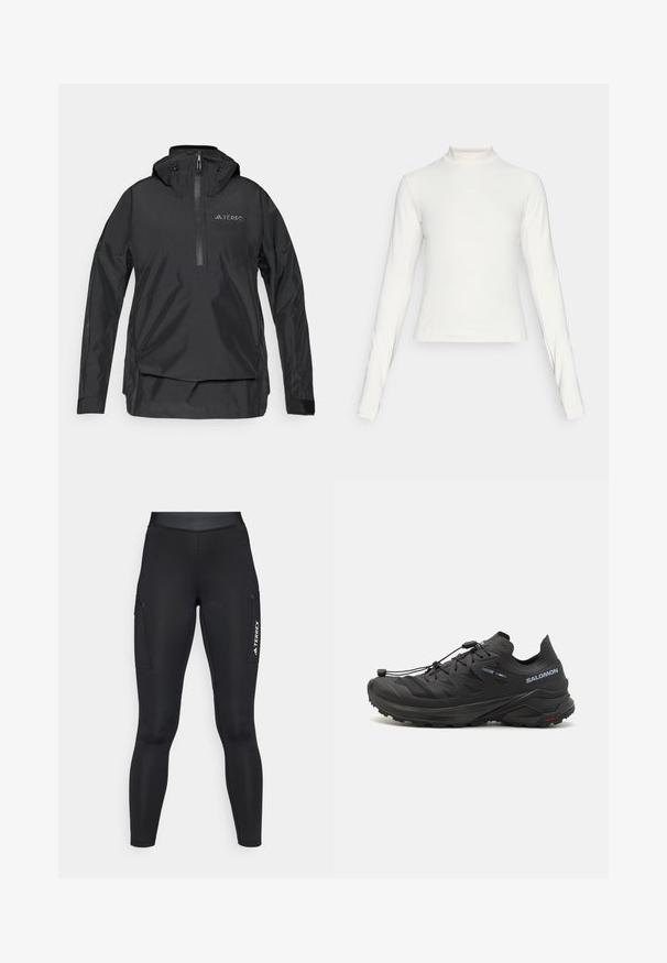 Giacca leggera nera a pullover con colletto alto, zip frontale a mezza lunghezza, cappuccio regolabile e dettagli con logo sul petto. Materiale liscio e impermeabile.; Maglia atletica bianca a maniche lunghe con colletto alto e piccolo logo centrato sul petto, esposta su uno sfondo neutro.; Leggings sportivi neri con un design aderente, realizzati in materiale elastico. Presentano tasche laterali e il marchio bianco "TERREX".; Scarpe da trail running nere con una parte superiore testurizzata, pannelli in rete e un sistema di chiusura sicuro. Presentano una suola robusta per una buona trazione.