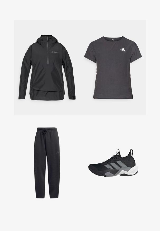 Melns viegls puloveris ar augstu apkakli, puscirtu priekšpusē, regulējamu kapuci un logo detaļu krūtīs. Gluda, ūdensnecaurlaidīga auduma.; Īsām piedurkņu sporta T-krekls, tumši pelēks ar perforētu tekstūru. Iespējots ar baltu logotipu un kontrastējošām sānu svītrām. Apaļa kakla izgriezums.; Melnas treniņbikses, kas izgatavotas no mīksta auduma, ar elastīgu jostasvieta un auklu, taisnām kājām un diskretu logotipu uz augšstilba.; Melnas sporta kurpes ar elpojošu acu audumu, pelēkiem akcentiem, teksturētu zoli un trim izteiksmīgām svītrām sānos.