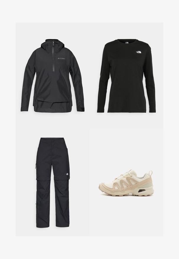 Czarna, lekka bluza z wysokim kołnierzem, z pół-zipem na przodzie, regulowanym kapturem i detalem logo na piersi. Gładki, wodoodporny materiał.; Czarna koszulka z długim rękawem z bawełny z okrągłym dekoltem. Posiada niewielkie białe logo po lewej stronie na piersi. Prosty design i fason.; Czarne nylonowe spodnie cargo z odpinanymi nogawkami, regulowanymi mankietami, wieloma kieszeniami oraz logo na prawej nogawce. Gładka, lekka tekstura.; Beżowe i kremowe buty sportowe z teksturowanej siateczki, wspierającymi nakładkami oraz gumową podeszwą z wzorem bieżnika zapewniającym przyczepność.