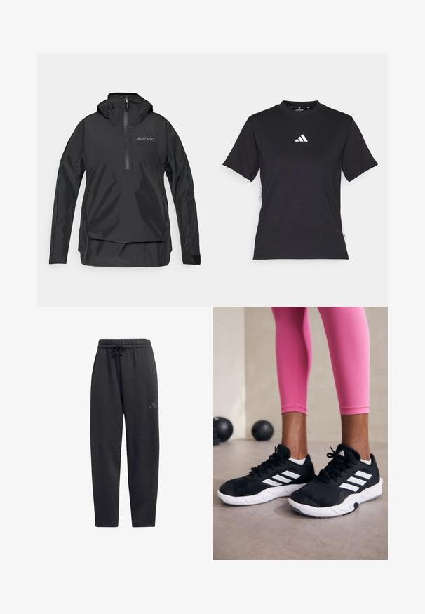 Casaco leve preto com gola alta, fecho de correr frontal até meio, capuz ajustável e detalhe com logótipo no peito. Material liso e impermeável.; T-shirt preto de manga curta feito de tecido macio. Apresenta um logo branco da Adidas e riscas brancas em contraste ao longo dos lados.; Calças de fato pretas feitas de tecido macio, com uma cintura elástica e um cordão, pernas retas e um logótipo discreto na coxa.; Sapatos de treino pretos com riscas brancas, parte superior em malha texturizada e sola branca. Usados com leggings cor-de-rosa, destacando roupa de treino.