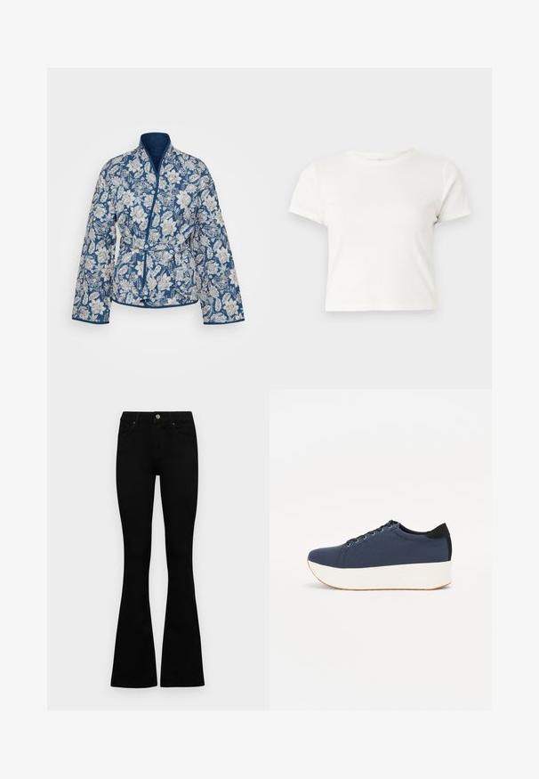 Vero Moda Tall VMJANE REVERSIBLE JACKET - Jachetă subțire - blue/beige; Tricou scurt, alb, din bumbac, cu mâneci scurte, decolteu rotund și margine dreaptă, având o textură netedă și un design minim.; Jeans negri cu talie înaltă, cu închidere prin nasture și fermoar, buzunare frontale și picioare evazate, așezați pe un fundal alb.; Sneaker albastru închis, cu un material texturat pe partea superioară, talpă platformă albă, vârf rotunjit și accent de călcâi negru. Dispune de șase găuri pentru șireturi.