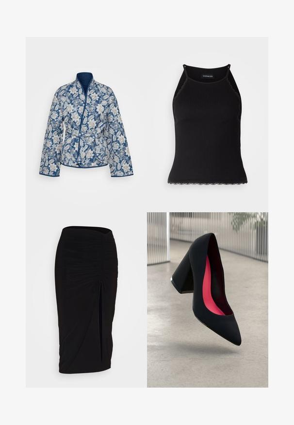 Vero Moda Tall VMJANE REVERSIBLE JACKET - Lahka jakna - blue/beige; Črn rebrast top brez rokavov z valovitimi čipkastimi robovi na dnu. Ima tanke naramnice in oprijet kroj. Narejen je iz raztegljivega materiala.; Črna, nabrana svinčnik krilo z detajlom v obliki traku in stranskim razporkom. Narejeno iz raztegljive tkanine, ki se ponaša z gladko teksturo in oblikovanjem, ki se prilega telesu.; Črne visoke petke z nazobčanim prstom, teksturirano površino in živahnimi rožnatimi notranjimi deli. Imajo robustno peto z srebrnim akcentom.