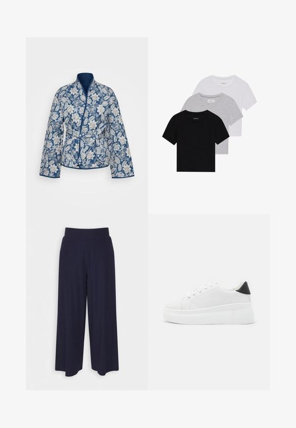 Vero Moda Tall VMJANE REVERSIBLE JACKET - Lengva striukė - blue/beige; Trijų trumpomis rankovėmis marškinėlių rinkinys juodos, pilkos ir baltos spalvos. Pagaminti iš medvilnės, turi apvalų iškirpimą ir paprastą, vientisos spalvos dizainą.; Plati kojinės tamsiai mėlynos spalvos audiniu su vagelėmis. Turi lygų juosmenį ir laisvą siluetą, kuris siekia iki pusės blauzdos.; Balti platforminiai sportbačiai, pagaminti iš lygios sintetinio audinio, su apvaliu pirštu, raištelių užsegimu ir tekstūruota guma padanga. Juodas kulno akcentas.