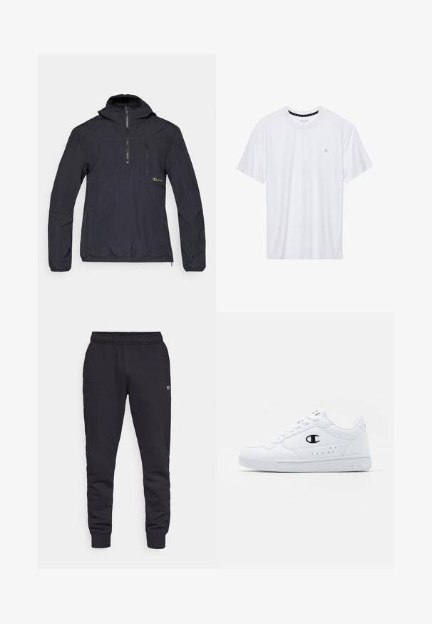 Mustmustega must kapuutsiga jakk, millel on neljandik tõmblukk, tõmblukuga rinna tasku, elastsed mansetid ja laiem lõige.; Valge ümar kaelusega T-särk, mis on valmistatud puuvillast, lühikeste varrukatega ja vasakus rinnas on väike tikand. Pehme tekstuur.; Must mustad püksid elastse vöökoha ja varrukatega. Küljel on logo detail. Sile tekstuur, kitsenev disain.; Valged spordijalatsid, millel on sile sünteetiline pealmine osa, must logo aktsent ja perforatsioonid külgedel. Kummikreen.