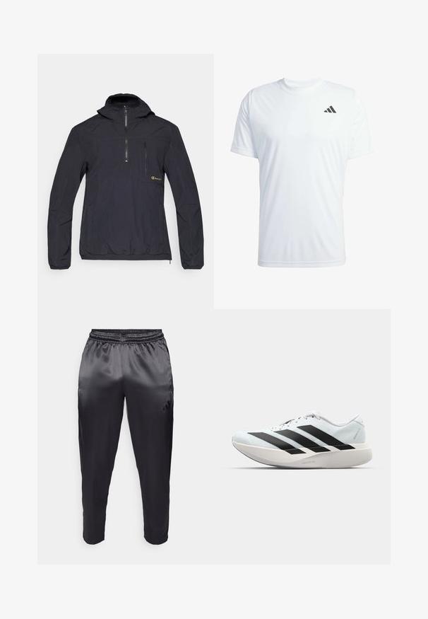 Μαύρο φουλάρι μπουφάν με κουκούλα, που διαθέτει φερμουάρ ενός τετάρτου, τσέπη στο στήθος με φερμουάρ, ελαστικούς καρπούς και διάσταση χαλαρή.; Λευκό αθλητικό μπλουζάκι κοντομάνικο από ελαφρύ ύφασμα, με μαύρο λογότυπο Adidas στο πάνω αριστερό μέρος του στήθους.; Μαύρο αθλητικό παντελόνι από λείο, ελαφρύ ύφασμα με ελαστική μέση. Διαθέτει ένα μικρό λογότυπο στην αριστερή πλευρά και στενές γάμπες.; Ελαφριά αθλητικά παπούτσια τρεξίματος σε ανοιχτό μπλε με μαύρες ρίγες. Διαθέτουν λείο άνω μέρος, στρογγυλή μύτη και παχύ λευκό ενδιάμεσο πέλμα που φέρει την ετικέτα "LIGHTSTRIKE PRO."