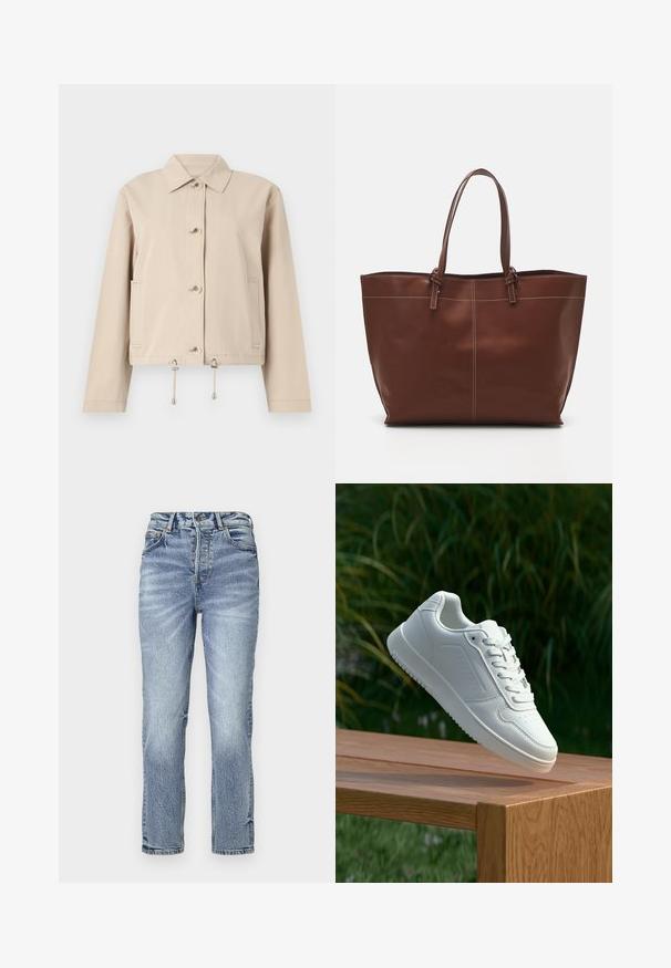 Jachetă ușoară bej, cu guler, închidere frontală cu butoane, buzunare laterale și tiv cu șnur, decorată cu accente metalice.; Pulover tricotat cu model de cablu, de culoare maro miere, având un guler înalt și fermoar pe un sfert. Desing-ul este completat de margini și mansete cu textură ribbată.; Blugi din denim de culoare bleu deschis, cu croială dreaptă, talie înaltă, textură decolorată și cinci buzunare. Prezentă un sistem de închidere cu nasture metalic și fermoar.; Sneaker alb cu un upper sintetic neted, cu vârf perforat, șireturi plate și o talpă texturată, expus pe o suprafață de lemn.; Geantă de tote din piele maro cu mânere duble, dotată cu cusături contrastante și un design spațios, potrivită pentru utilizarea zilnică.