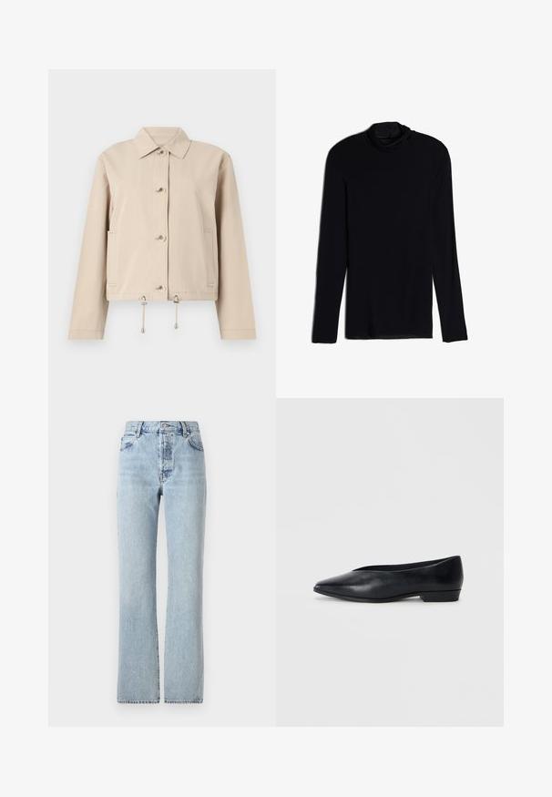 Veste légère beige avec un col, fermeture à boutons sur le devant, poches latérales et ourlet à cordon de serrage avec des accents métalliques.; Haut noir à manches longues avec col drapé, fabriqué à partir d'un tissu doux et lisse ; design ajusté avec ourlet droit et sans coutures visibles.; Jean en denim bleu clair avec taille haute, jambes droites, design classique à cinq poches et décoloration subtile sur l'ensemble.; Chaussure plate en cuir noir avec un bout pointu, un léger talon surélevé et une surface lisse. Design simple sans matériel ou motifs visibles.