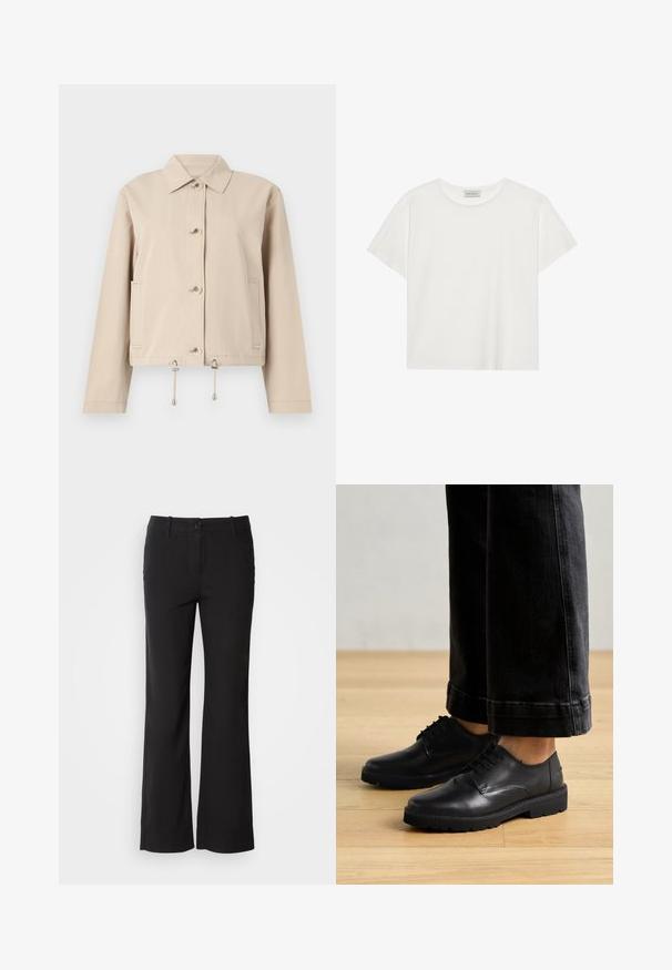 Bež jakna z lažjim materialom, s ovratnikom, sprednjim zapenjanjem na gumbe, stranskimi žepi in spodnjim robom z vrvico, obogatenim z kovinskimi detajli.; Bela kratkotrajna majica s kratkimi rokavi, narejena iz mehke bombažne tkanine. Ima okroglo ovratnico in sproščen kroj. Čist dizajn brez vidnih vzorcev ali akcentov.; Črne hlače iz bombažne mešanice s ravnim krojem, sprednim gumbom in dvema stranskima žepoma. Gladek teksturiran material, brez vidnih vzorcev.; Črne usnjene čipkaste čevlje z gladko teksturo, zaobljenim nosom in debelim gumijastim podplatom, v kombinaciji z skrajšanimi temnimi džinsami.