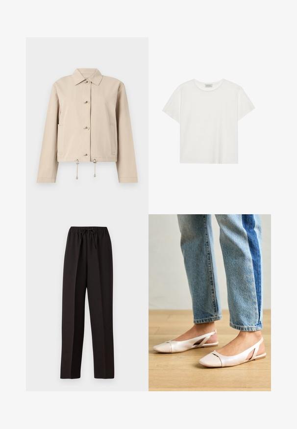 Beige lightweight jacket with a collared neckline, front button closure, side pockets, and drawstring hem featuring metallic accents.; White short-sleeve T-shirt made of soft cotton. Features a round neckline and relaxed fit. Clean design with no visible patterns or accents.; Black, wide-leg pants with an elastic waistband and adjustable drawstring. Made from a smooth, lightweight fabric with no visible patterns.; Pale pink slingback flats with a pointed toe, made from a smooth leather-like material. Features cut-out details at the sides and a flat heel.