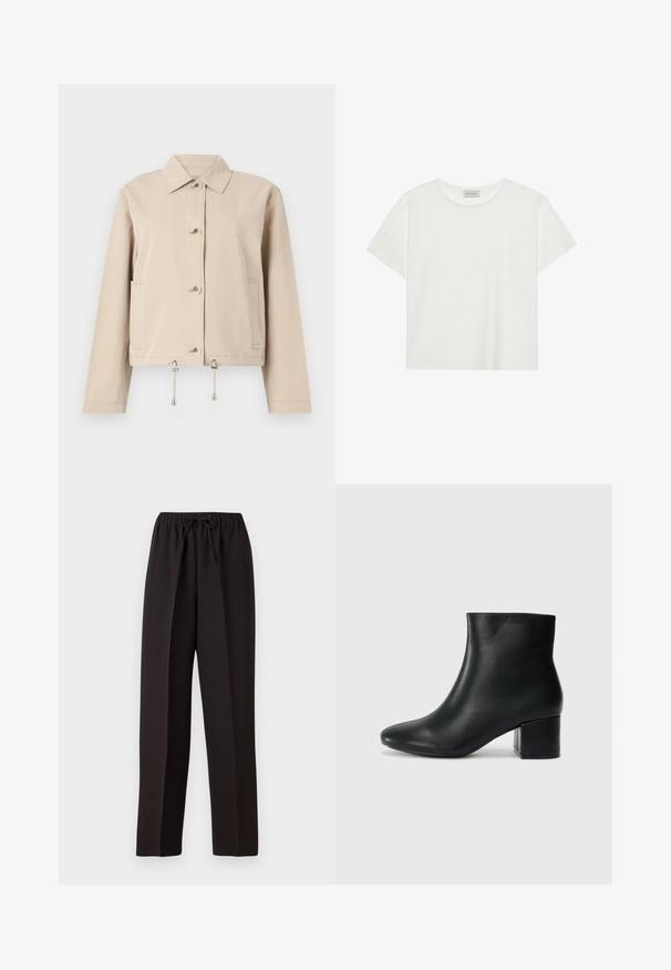 Veste légère beige avec un col, fermeture à boutons sur le devant, poches latérales et ourlet à cordon de serrage avec des accents métalliques.; T-shirt blanc à manches courtes en coton doux. Présente un col rond et une coupe décontractée. Design épuré sans motifs ni accents visibles.; Pantalons larges noirs avec une taille élastique et un cordon de serrage ajustable. Fabriqués en un tissu léger et lisse sans motifs visibles.; Bottines en cuir noir avec un bout pointu et un talon épais. Texture lisse avec des accents minimalistes et un design élégant et ajusté.