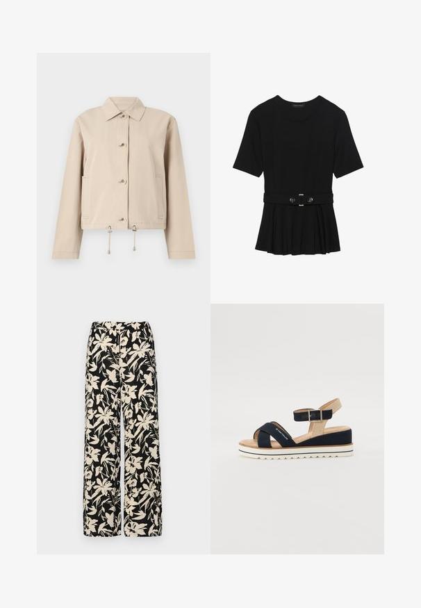 Beige lett jakke med kragehalvdel, frontknaplukning, sidelommer og snøring i kanten med metalliske accenter.; Svart kortermet topp laget av glatt materiale, med en peplum-design og en belted midje med to runde knapper i sølvfarge.; Sorte vide bukser med et cremet blomster mønster. Fremstillet af letvægtsstof, med en glat tekstur og en høj talje.; Mørkeblå sandal med to tekstilstropper, justerbar ankelrem og strukturert beige bakdel. Tykk, hvit såle med bølgete kant. Merket trykt på stroppen.