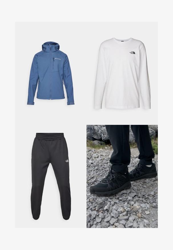 Sinine pehme kestajakk, millel on lukuga eesmine osa, reguleeritav kapuuts ja küljetaskud, millel on tekstuuriga viimistlus. Columbia logo vasakul rinnal.; Valkoinen pitkähihaisen T-paita, joka on valmistettu puuvillasta ja jossa on pyöreä kaula-aukko. Rintamuksessa on pieni musta logo. Sileä kangas, normaali malli.; Mustat collegehousut, joissa on nauhakuomu vyötäröllä, kapeneva fit, elastiset hihansuut ja pieni valkoinen logo vasemmassa reidessä, valmistettu sileästä kankaasta.; Mustat ulkokengät, joissa on verkko- ja synteettinen materiaali, teksturoitu päällinen, varma nauhoitusjärjestelmä ja kestävä pohja kivikkoisella maastolla.