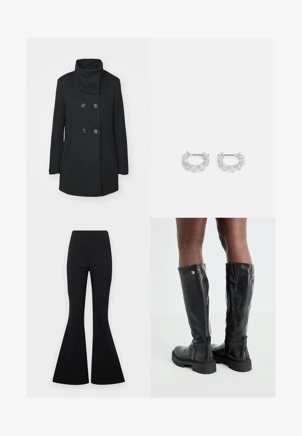 ONLY ONLSEDONA LIFE SOPHIA - Puspaltis - black; Šviesiai pilkas trumpas megztinis su juodais ir baltais gėlių raštais, apvaliu iškirpimu ir gumburuotomis rankovėmis. Minkšta tekstūra, laisvalaikio dizainas.; Juodos plačios kelnės, pagamintos iš tamprių audinių su lygiu paviršiumi, turi aukštą liemenį ir plačias, varpo formos kojas.; Juodos iki kelių odinės botai su lygiu paviršiumi, apvaliu pirštu, stambiu padu ir užtrauktuku. Ant šono yra sidabrinė logo.; Sidabrinės auskarų kabliukų formos auskarai, papuošti aiškiais, stačiakampiais ir trikampiais kristalais, kurie išdėstyti raštuotu dizainu. Tvirtinimai, užtikrinantys saugų prilaikymą.