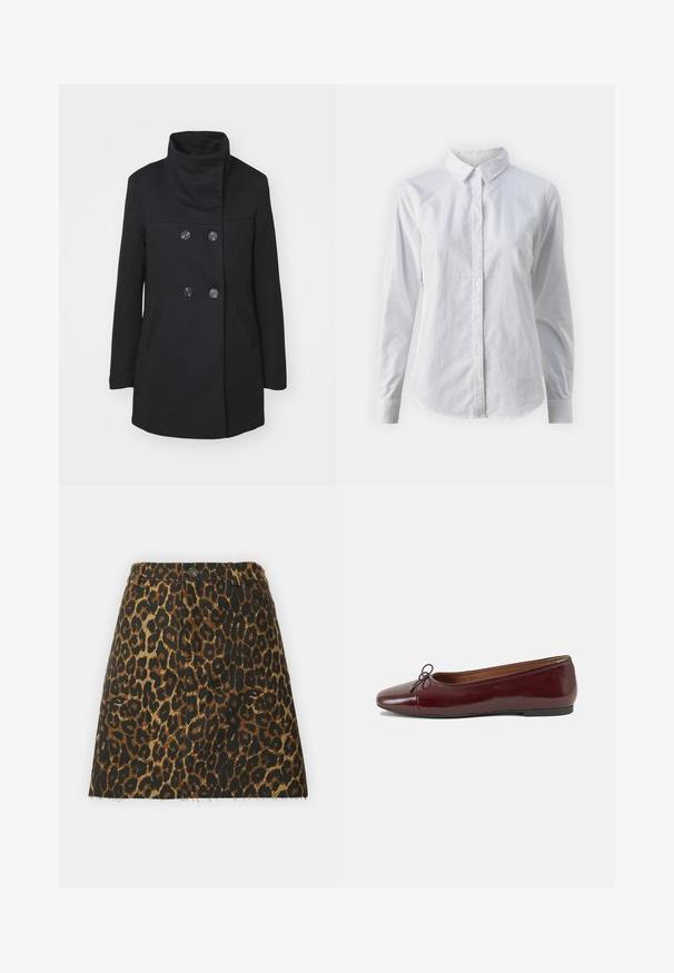 ONLY ONLSEDONA LIFE SOPHIA - Short coat - black; White button-up shirt made of smooth cotton, featuring a classic collar, long sleeves, and a curved hem. Buttons are small and white.; Leopard-print denim skirt featuring a high waist, two front pockets, frayed hem, and brown and black color palette.; Burgundy patent leather ballet flat with a rounded toe, small bow accent at the front, and a low, black rubber sole. Smooth texture.