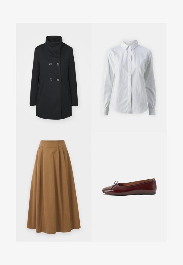 ONLY ONLSEDONA LIFE SOPHIA - Cappotto corto - black; Camicia bianca con bottoni, realizzata in cotone liscio, dotata di un colletto classico, maniche lunghe e orlo curvo. I bottoni sono piccoli e bianchi.; Gonna A-line in cotone marrone con vita alta, caratterizzata da pince sulla parte anteriore e una texture liscia. Le finiture dell'orlo sono pulite e semplici.; Ballerine in pelle verniciata bordeaux con punta arrotondata, piccolo fiocco decorativo sulla parte anteriore e suola bassa in gomma nera. Texture liscia.