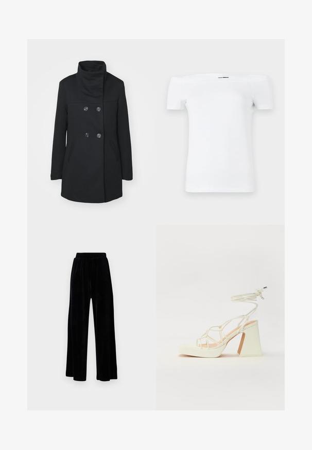 ONLY ONLSEDONA LIFE SOPHIA - Kort kåpe / frakk - black; Hvit av-shoulder t-skjorte med korte ermer, laget av mykt bomullsstoff, med en tettsittende design og en rett bunnsøm.; Sorte vide bukser laget av myk vernet, med elastisk midjebånd og en jevn tekstur, uten synlige detaljer eller mønstre.; Hvit høyhælte sandal med kraftig hæl, med en stroppe-design og ankelbånd. Glatt tekstur med plattform foran for ekstra høyde.