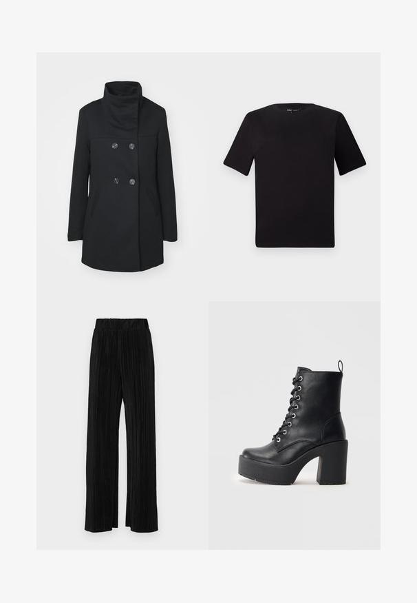 ONLY ONLSEDONA LIFE SOPHIA - Manteau court - black; T-shirt noir à manches courtes avec un col rond, fabriqué en coton doux. Design simple, sans logos ni motifs visibles.; Pantalons plissés noirs avec une taille élastique. Présente des jambes larges et un tissu lisse texturé avec des rayures verticales.; Bottines en cuir noir avec un talon épais, des lacets à l'avant et une surface texturée. Elles disposent d'une languette à l'arrière pour un enfilage facile.