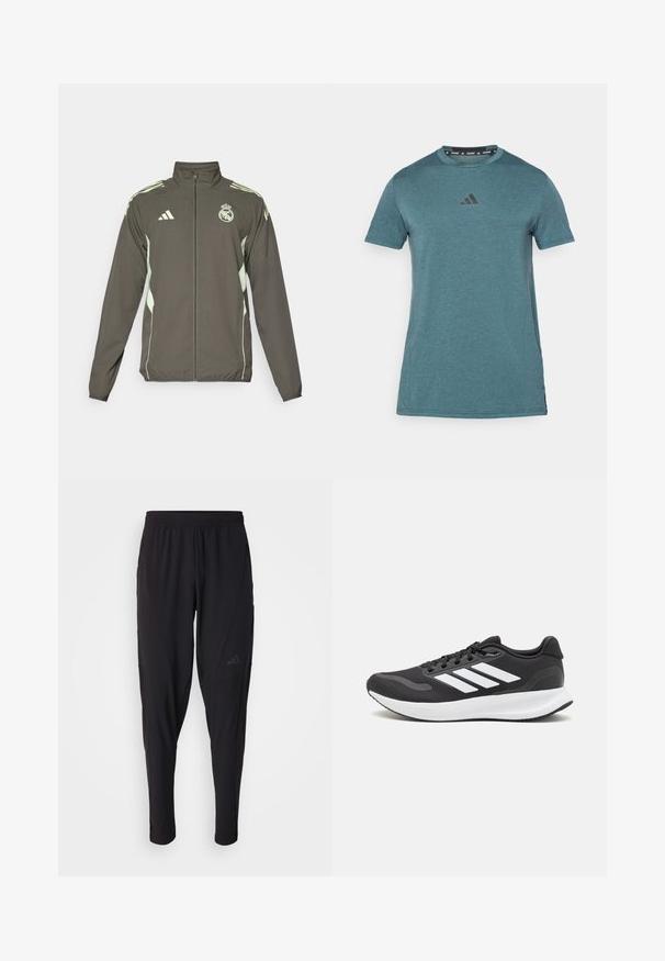 Pelēks žakets ar augstu apkakli, pilnu rāvējslēdzēju un gaiši zaļiem akcentiem. Iekļauta Adidas logo un emblēmas dizains uz krūtīm.; Tirkīza īsām piedurknēm sporta krekls, kas izgatavots no gludas auduma. Uz krūtinēm ir melns Adidas logo un apkakles dizains.; Melni sporta bikses ar elastīgu jostasvietu, sašaurinātu dizainu, sānu kabatām un smalku logo akcentu. Izgatavotas no elastīga, elpojoša auduma.; Melnas sporta kurpes ar elpojošu acs augšu, baltām akcentiem un mīkstu zoli. Sānā ir trīs svītru logo.