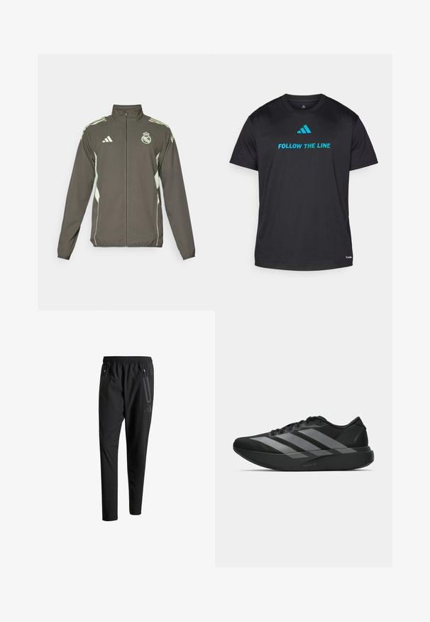 Sivina jakna z visokim ovratnikom, polnim zadrgo in svetlo zelenimi detajli. Vključuje logotip Adidas in grbni dizajn na prsih.; Črna športna majica iz lahkega materiala, ki vsebuje napis "SLEDITE ČRTI" v svetlo modri barvi in majhnim logotipom blizu roba.; Črne športne hlače z elastičnim pasom, dvema žepoma na zadrgo ob strani, zoženimi hlačnicami in diskretnim logotipom na boku.; Crne atletske čevlje z lahkotno zasnovo, ki imajo tri izrazite sive črte, gladko teksturo in oblikovano podplat.