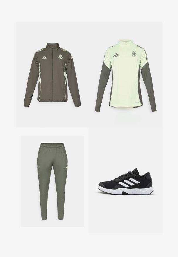Gray jacket featuring a high collar, full zip, and light green accents. Includes the Adidas logo and a crest design on the chest.; Light green long-sleeve jersey with dark gray accents, half-zip neckline, and Real Madrid logo. Made from breathable fabric.; Olive green track pants with a slim fit, elastic waistband, and side pockets. Features a logo on the left thigh and contrasting accents.; Black athletic shoes with a textured mesh upper, white accent stripes, a cushioned sole, and a reinforced heel for support.