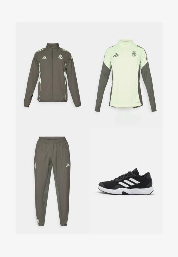 Giacca grigia con colletto alto, zip completa e dettagli verde chiaro. Include il logo Adidas e un design a stemma sul petto.; Jersey verde chiaro a maniche lunghe con accenti grigio scuro, collo a mezza zip e logo del Real Madrid. Realizzato in tessuto traspirante.; Pantaloni sportivi grigi con cintura elastica, caratterizzati da una finitura testurizzata e dettagli laterali verdi a contrasto. Include un dettaglio con logo.; Scarpe da ginnastica nere con una tomaia in mesh texturizzata, strisce bianche di accento, suola imbottita e tallone rinforzato per supporto.