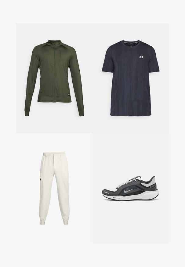 Zelená bunda na zips vyrobená z pružnej, hladkej látky. Má vysoký golier, dlhé rukávy, vrecko na hrudi a malú značku na spodnom leme.; Tmavomodré tričko s krátkym rukávom vyrobené z priedušného materiálu, s textúrovaným vzorom a bielym logom Under Armour na hrudi.; Svetlo béžové jogger nohavice s elastickým pásom, bočnými vreckami a rebrovanými manžetami; majú čierny logotyp na ľavom boku.; Čierna a sivá športová obuv s vrchnou časťou z priedušného materiálu, reflexné akcenty a biely medzipodrážka. Obsahuje štruktúrovanú gumovú podrážku a šnúrky.