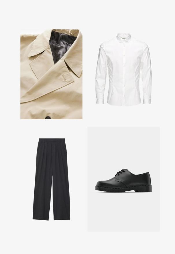 Bežový dvojradový kabát s veľkým golierom, čiernou saténovou podšívkou a výrazným zapínaním na gombík. Obsahuje jemný detail textúry látky.; Biela košeľa s dlhým rukávom a zapínaním na gombíky, vyrobená z hladkého materiálu. Má klasický golier, predné gombíky a manžety na jeden gombík. Slim fit strih.; Široké nohavice vyrobené z tmavosivej látky. Majú prešívanie v páse, prispôsobený strih a rovný silueta.; Čierne kožené oxfordky s viazaním, zaoblenou špičkou, plochou gumovou podrážkou a jemným prešívaním pozdĺž hornej časti.
