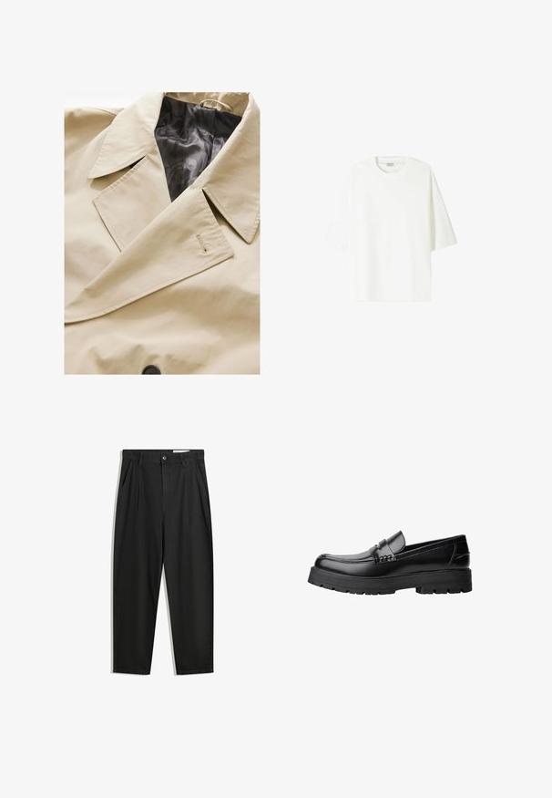 Palton bej cu două rânduri de nasturi, cu o guler mare, căptușeală din satin negru și o închidere proeminentă cu nasturi. Include un detaliu subtil de textură a țesăturii.; Tricou alb cu mânecă scurtă, fabricat din bumbac, cu guler tip crew și o croială lejeră, având o tivă dreaptă.; Pantaloni negri din bumbac cu croială lejeră, având un brâu clasic, plii frontale și buzunare laterale. Textură netedă fără modele.; Mocasini din piele neagră, cu talpă groasă și profilată și bandă decorativă pe partea superioară, prezentati din profil stâng pe fundal alb.