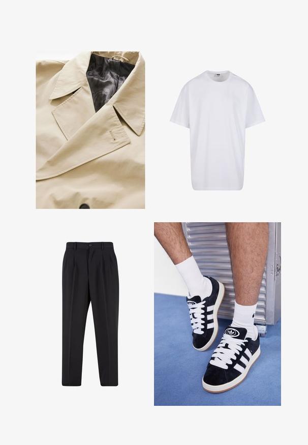 Beige, doppelt geknöpfter Mantel mit großem Kragen, schwarzer Satininnenseite und auffälligem Knopfverschluss. Enthält ein dezentes Stoffstruktur-Detail.; Weiße Baumwoll-T-Shirt mit kurzen Ärmeln, rundem Ausschnitt, lockerer Passform und ohne sichtbare Logos oder Muster. Glatte Textur und minimalistisches Design.; Schwarze Hose mit plissiertem Vorderdesign, aus glattem Stoff gefertigt. Mit Knopfverschluss und Gürtelschlaufen; gerade Passform.; Schwarze Wildledersneaker mit weißen Schnürsenkeln und drei weißen Streifen. Verfügt über ein kreisförmiges schwarzes Logo auf der Zunge und eine Gummisohle.