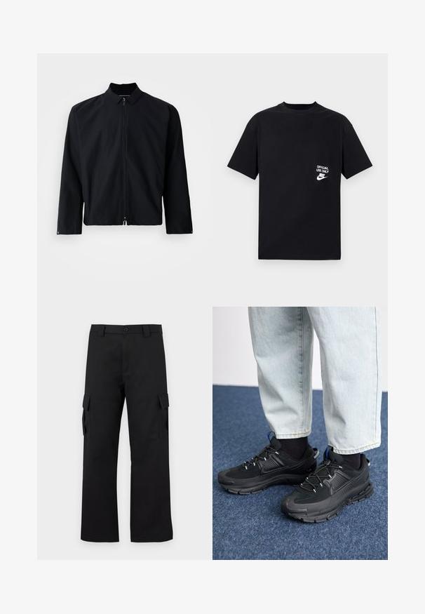 Črna jakna z zadrgo, s kragnom, dolgimi rokavi in skrajšanim dizajnom. Material se zdi gladek brez vidnih vzorcev ali poudarkov.; Črna bombažna majica s kratkimi rokavi in okroglim izrezom, ki ima na levem prsih bele napise "LE ZA URADNO UPORABO" in Nike logo.; Črne cargo hlače s ravnim krojem. Narejene so iz trpežnega materiala in imajo dve stranski žepi s poklopcem ter gumbasto zaponko.; Črne športne čevlje z teksturirano tkanino in gumijastimi podplati, ki imajo elastične vezalke ter modre poudarke na peti. Nosi se z lahkimi denim hlačami.