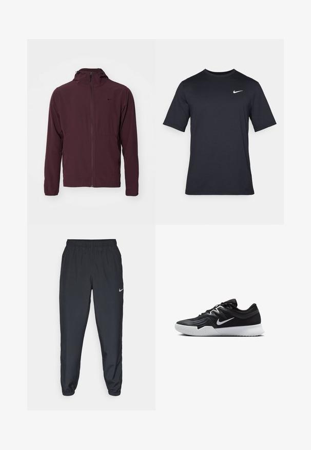 Nike Performance UNLIMITED - Regenjas - burgundy crush/black; Zwart T-shirt met korte mouwen van Nike, gemaakt van gladde stof, met een wit swoosh-logo op de bovenlinkerzijde, ronde hals.; Zwarte trainingsbroek van lichtgewicht materiaal met een elastische tailleband, enkelmanchetten en een discreet Nike-logo aan de linkerkant.; Zwarte sportieve schoen met een gestructureerde bovenkant, witte Nike swoosh en een witte rubberen zool. Beschikt over een veterontwerp en een dynamische vorm.
