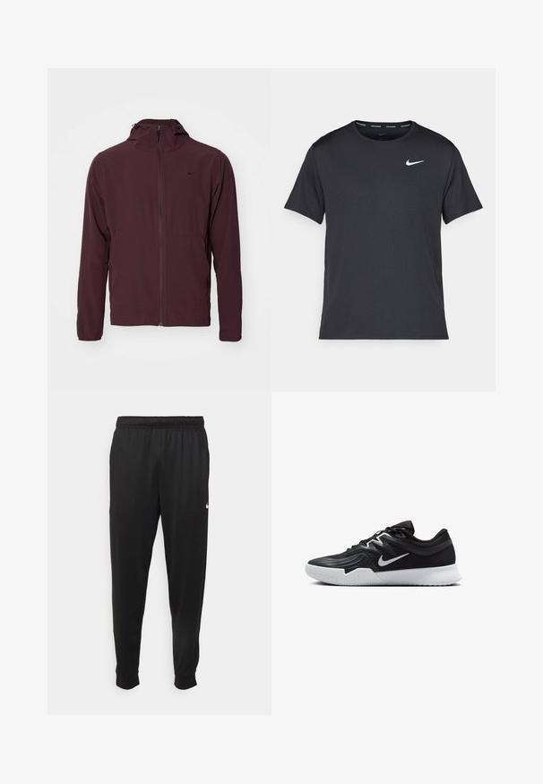 Nike Performance UNLIMITED - Casaco impermeável - burgundy crush/black; T-shirt de corrida Nike preto, feito de material leve e respirável, com mangas curtas e um pequeno logo branco no peito.; Calças de desporto pretas feitas de tecido suave, com uma cintura elástica, pernas ajustadas e um pequeno logo branco no lado esquerdo.; Sapatilha atlética preta com um cabedal texturizado, swoosh branco da Nike e uma sola de borracha branca. Apresenta um design com atacadores e uma forma dinâmica.