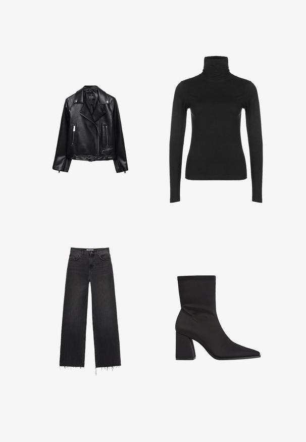 Czarna skórzana kurtka motocyklowa z paskiem w talii, srebrnymi elementami, kieszeniami na zamek oraz wyciętym kołnierzem. Gładka tekstura i dopasowany krój.; Czarny, długi rękaw, dopasowany golf, wykonany z gładkiego, elastycznego materiału. Posiada wysoki kołnierz i konturujący fason, bez widocznych wzorów czy zdobień.; Czarne dżinsy z szerokimi nogawkami i wysokim stanem, z postrzępionym dołem, pięcioma kieszeniami i zapięciem na guzik. Gładka tekstura z wyblakłym wykończeniem.; Czarne botki za kostkę wykonane z gładkiego materiału, z wąskim noskiem, słupkowym obcasem i bezszwowym wzornictwem z delikatnymi detalami przeszycia.
