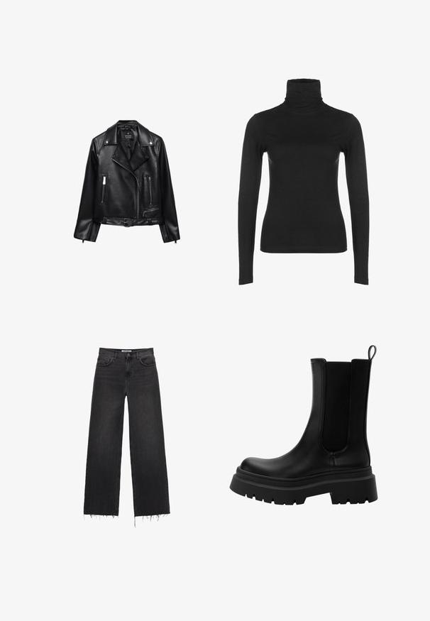 Schwarze Leder-Motorradjacke mit einem belüfteten Taillenbund, silbernen Beschlägen, Reißverschlusstaschen und einem eingekerbten Kragen. Glatte Textur und taillierte Passform.; Schwarzes langärmliges Rollkragenoberteil aus glattem, dehnbarem Stoff. Es hat einen hohen Kragen und eine figurbetonte Silhouette, ohne sichtbare Muster oder Akzente.; Hoch taillierte schwarze Jeans mit weitem Bein, fransigem Saum, fünf Taschen und Knopfverschluss. Glatte Textur mit einem verblassten Finish.; Schwarze Leder Chelsea-Stiefel mit elastischen Seitenteilen, robuster Gummisohle und abgerundetem Zeh. Texturierte und glatte Oberfläche.