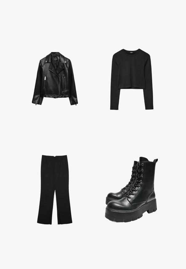 Čierna kožená motorkárska bunda s opaskom v páse, striebornými kovovými prvkami, zipsovými vreckami a s výstrihom do "V". Hladká textura a priliehavý strih.; Čierny dlhý rukáv skrátený top s okrúhlym výstrihom, jednofarebný dizajn a mierne zakrivený lem.; Čierne nohavice so strihom rovného strihu, s prednými vreckami a bočnými rozparkami na leme. Vyrobené z mäkkej, hladkej tkaniny. Vhodné na rôzne príležitosti.; Bershka TRACK - Členkové čižmy na platforme - black