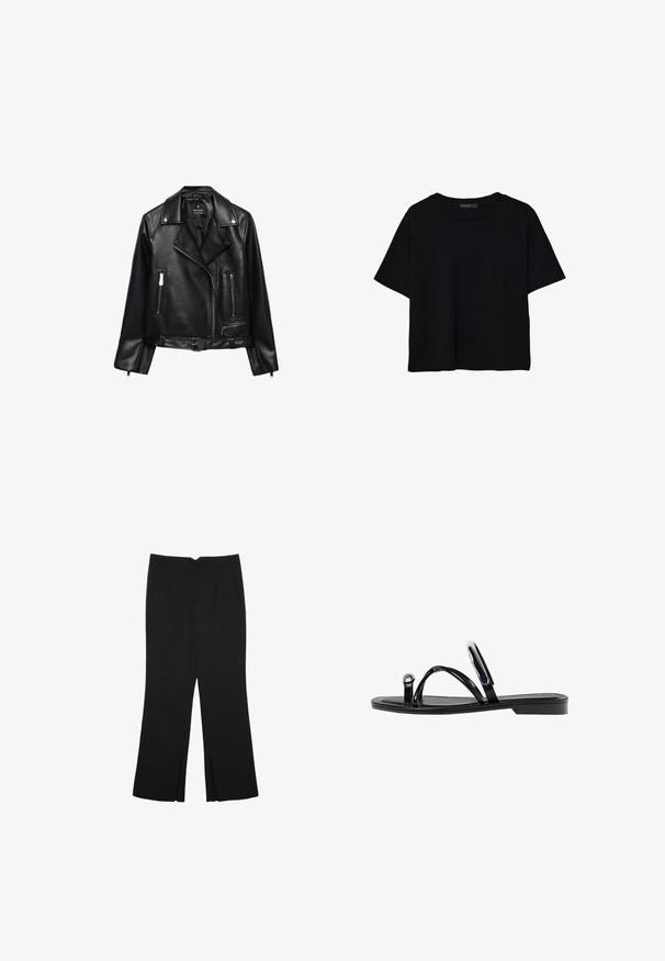 Černá kožená motorkářská bunda s páskem v pase, stříbrným kováním, zipovými kapsami a zářezovým límcem. Hladká textura a přiléhavý střih.; Černé tričko s krátkým rukávem vyrobené z bavlny. Má kulatý výstřih a volný střih s hladkým, jednobarevným povrchem. Bez viditelných vzorů nebo akcentů.; Černé kalhoty s rovným střihem, s předními kapsami a bočními rozparky na lemu. Vyrobené z jemné, hladké tkaniny. Vhodné na různé příležitosti.; Černé ploché sandály s lesklým povrchem, třemi tenkými popruhy a kulatým kovovým detailem na špičce. Elegantní design s minimálním podpatkem.