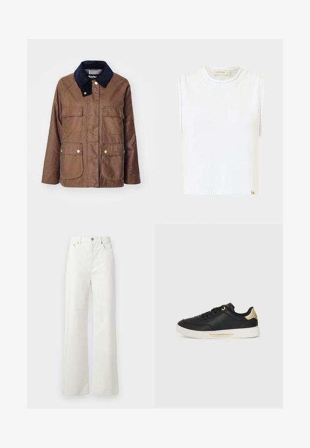 Barna pamut dzseki tengerészkék kordbársony gallérral, négy elülső zsebbel, arany hardverelemekkel és diszkrét márkázással az alsó zseben.; Fehér ujjatlan kötött felső, kerek nyakkivágással, bordázott szegéllyel és oldalsó varrás részletekkel; az alján található egy kis márkás címke.; Samsøe Samsøe SHELLY - Laza szabású farmerek - clear cream; Fekete bőr sportcipő sima textúrával, fehér gumitalppal, arany részletekkel a saroknál és a fűzőlyukaknál, oldalt egy logóval.